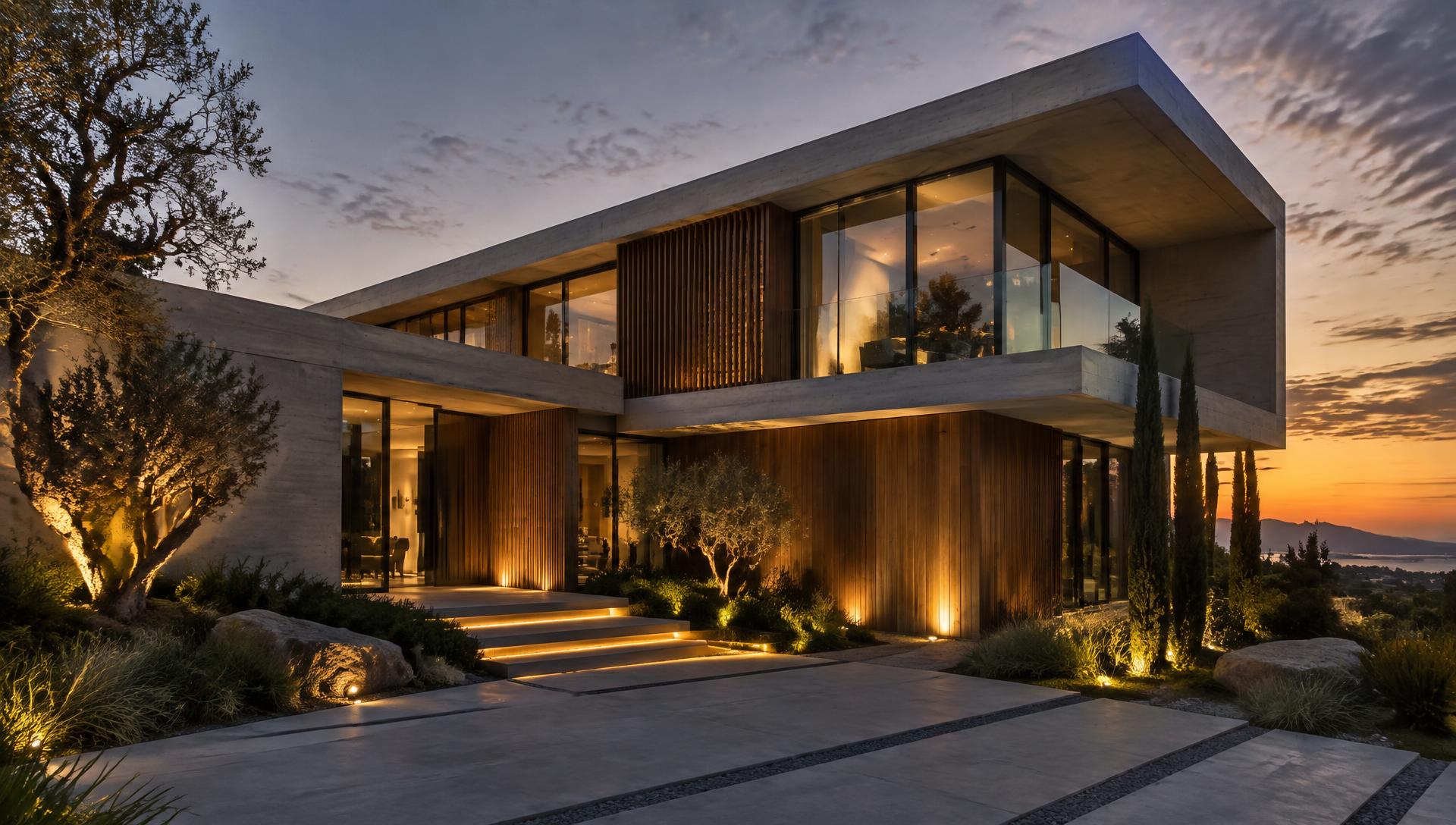 Arquitectura contemporánea en concreto, vidrio y madera con iluminación arquitectónica