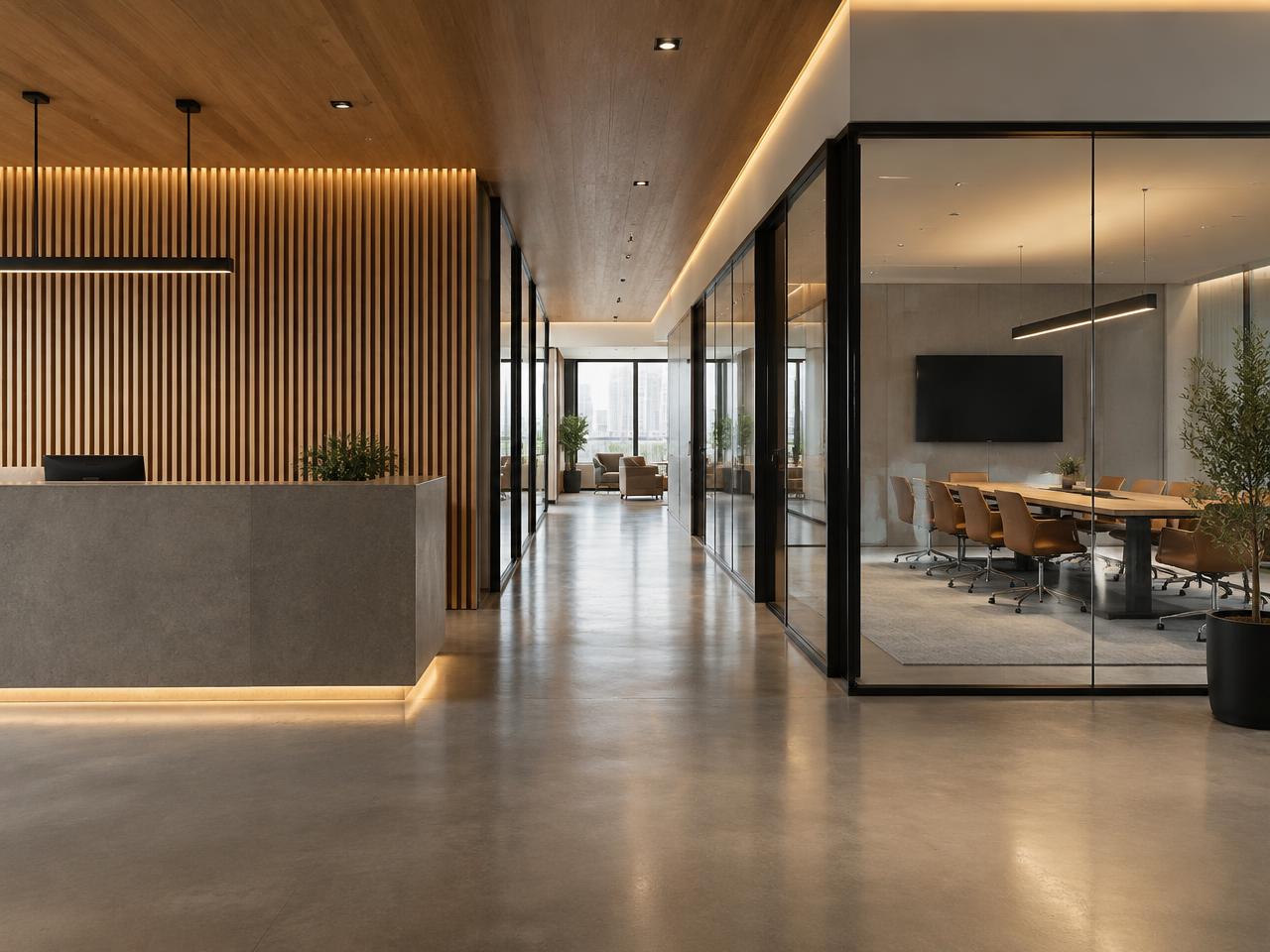 Interior corporativo moderno con divisiones de vidrio y cielos de madera